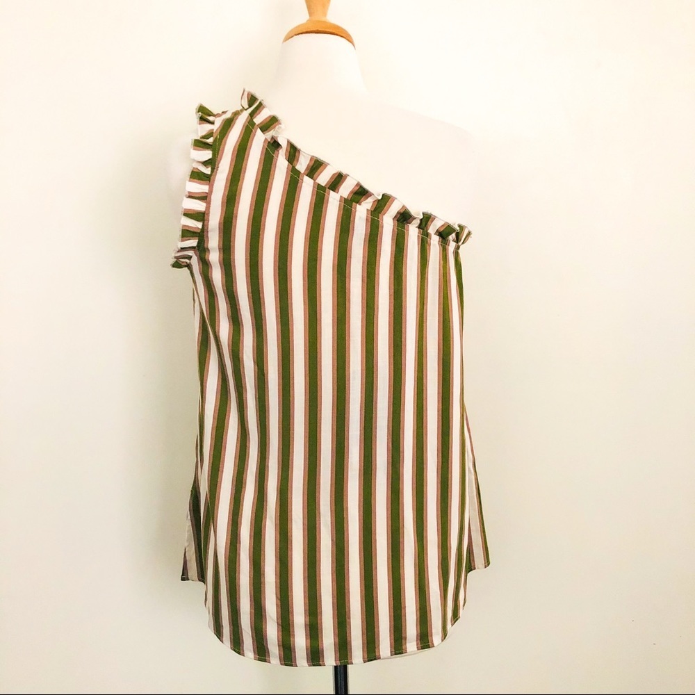 Show Me Your Mumu Ulani One Shoulder Ruffle Top Olive Stripe NWT Size S - Picture 6 of 15